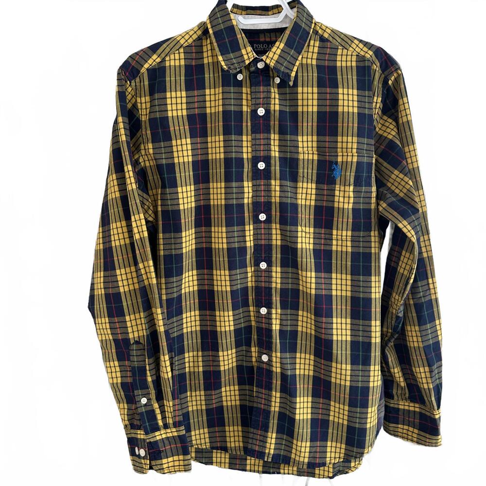 Stylish U.S. Polo Assn. Men's Yellow/ Navy Plaid Button Down Shirt- M